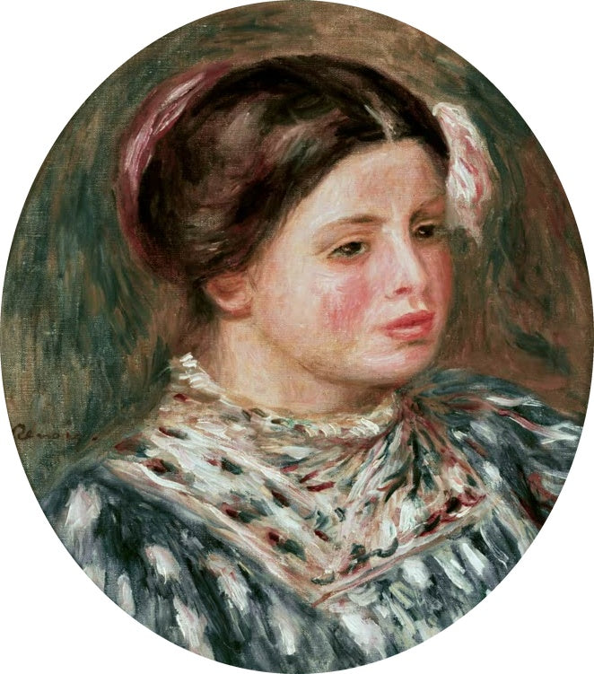 Ovales Porträt eines Mädchens mit gemustertem Halstuch – Pierre-Auguste Renoir Jeune fille en bleu Kunstkopie