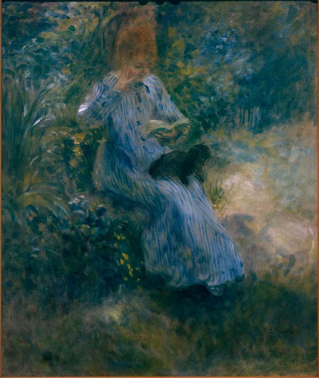Lesendes Mädchen in blauem Kleid mit Hund im Garten – Pierre-Auguste Renoir Jeune Fille lisant dans un jardin Kunstkopie