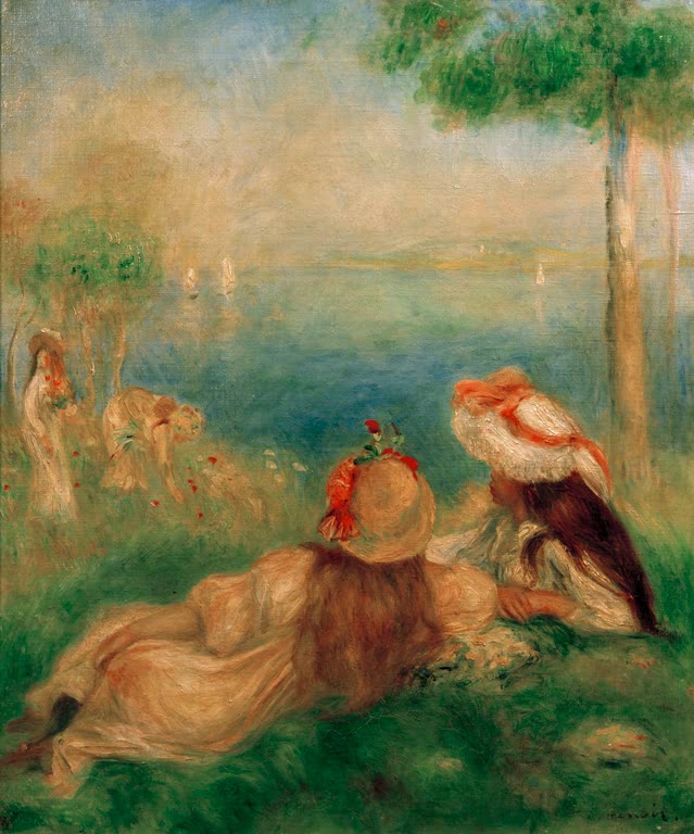 Zwei Mädchen mit Sommerhüten liegen im Gras über dem Meer – Pierre-Auguste Renoir Jeunes filles au bord de la mer Kunstkopie