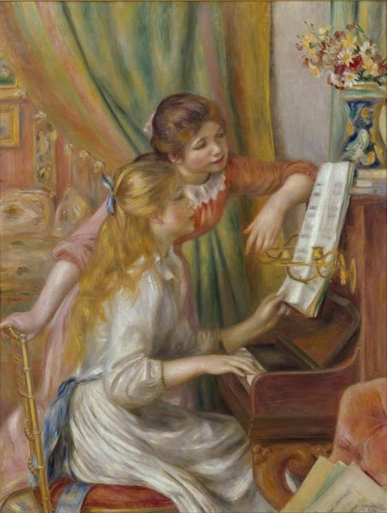 Zwei Mädchen am Klavier, eines spielt, das andere blättert in Noten – Pierre-Auguste Renoir Jeunes filles au piano Kunstkopie