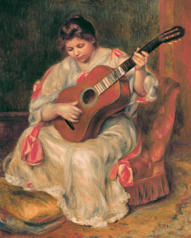 Junge Frau im weißen Kleid mit Gitarre sitzt im roten Sessel – Pierre-Auguste Renoir Joueuse de guitare Kunstkopie