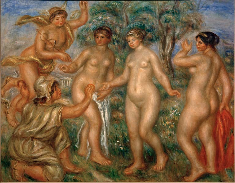Drei nackte Göttinnen und ein Hirte mit Apfel in Waldlandschaft – Pierre-Auguste Renoir Judgement de Paris Kunstkopie