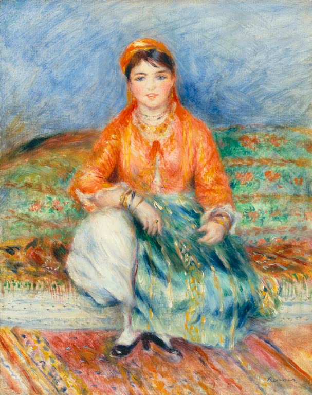 Mädchen in orangefarbener Bluse sitzt auf gemusterten Kissen – Pierre-Auguste Renoir Junge Algerierin Kunstkopie