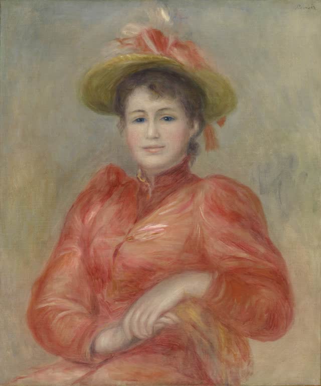 Junge Frau in rotem Kleid mit Hut sitzt mit gefalteten Händen – Pierre-Auguste Renoir Junge Frau im roten Kleid Kunstkopie