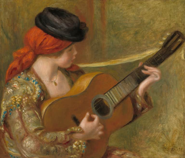 Junge Frau mit rotem Kopftuch und Hut spielt Gitarre – Pierre-Auguste Renoir Junge Spanierin mit Gitarre Kunstkopie