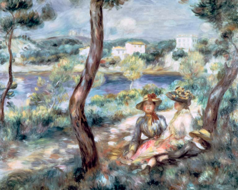 Zwei Figuren mit Strohhüten unter Bäumen am See – Pierre-Auguste Renoir Junge und Mädchen in einer Landschaft Kunstkopie