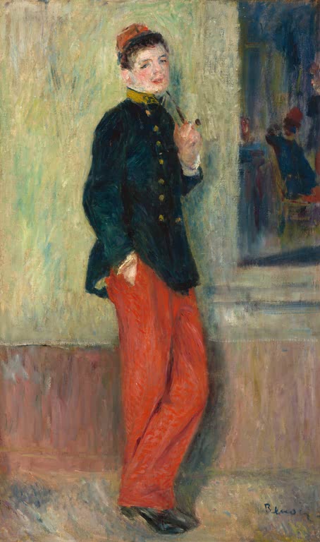 Junger Soldat in dunkler Jacke und roter Hose mit Pfeife – Pierre-Auguste Renoir Junger Soldat Kunstkopie