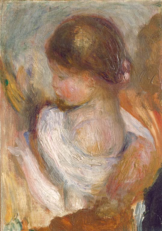 Junges Mädchen mit hochgestecktem Haar in weißer Bluse im Halbprofil – Pierre-Auguste Renoir Junges Mädchen lesend Kunstkopie