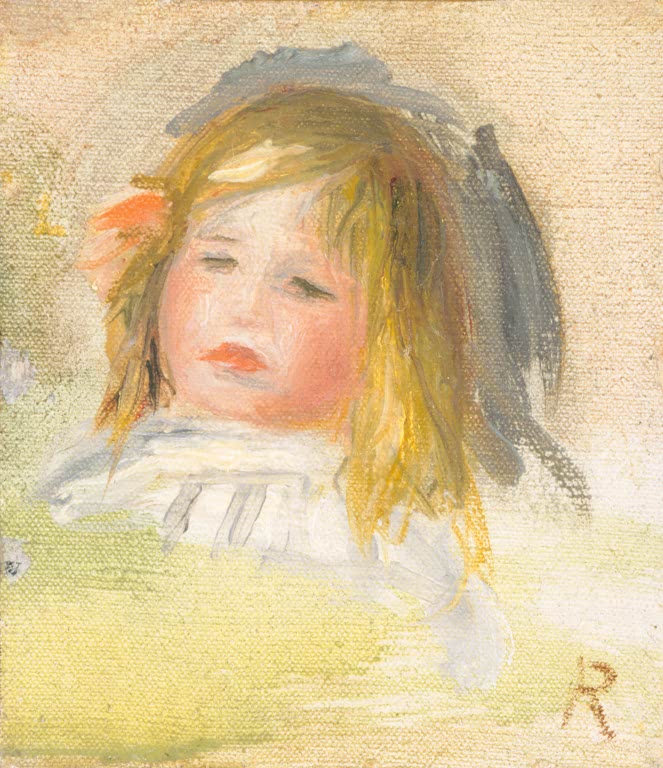 Kopf eines Kindes mit blondem Haar und roter Schleife – Pierre-Auguste Renoir Kind mit blondem Haar Kunstkopie