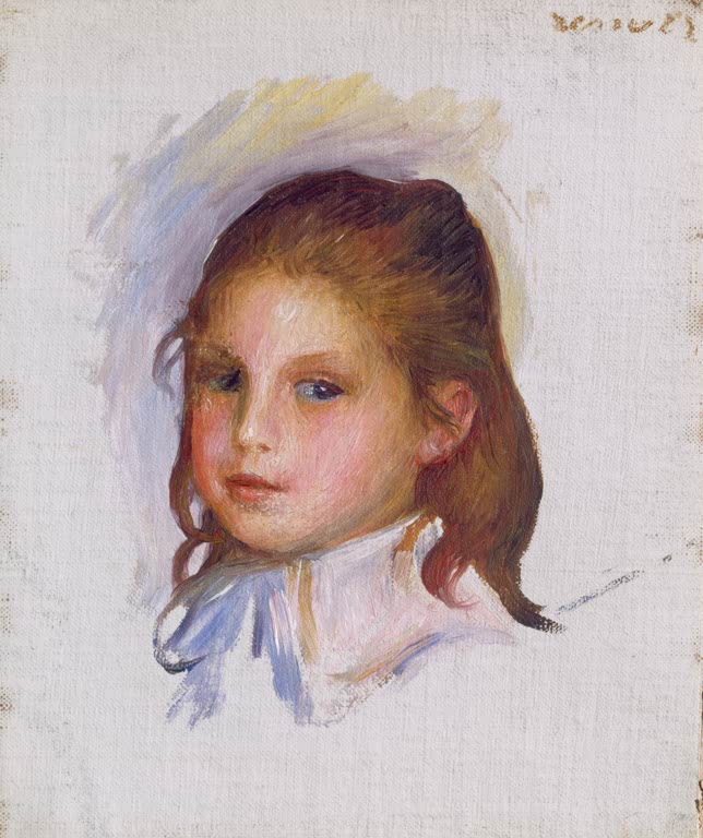 Kind mit braunem Haar und blauer Schleife im Bildnis – Pierre-Auguste Renoir Kind mit braunen Haaren Kunstkopie