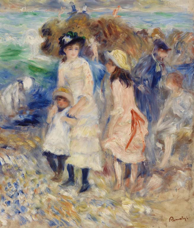 Mädchen in hellen Kleidern mit Kind am felsigen Strand – Pierre-Auguste Renoir Kinder am Meeresufer in Guernsey Kunstkopie