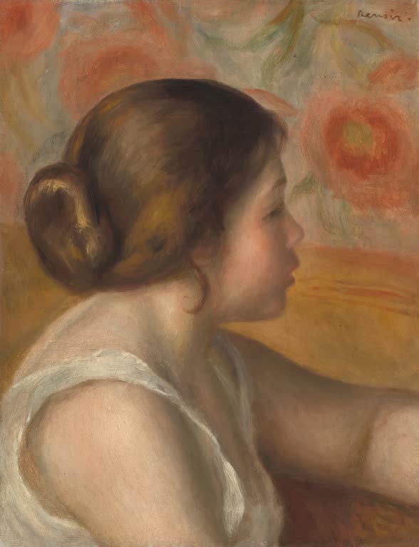 Mädchen im Profil mit hochgestecktem Haar vor floralem Grund – Pierre-Auguste Renoir Kopf eines jungen Mädchens Kunstkopie