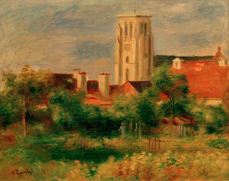 Kirchturm über roten Dächern und Gärten – Pierre-Auguste Renoir Essoyes Kunstkopie