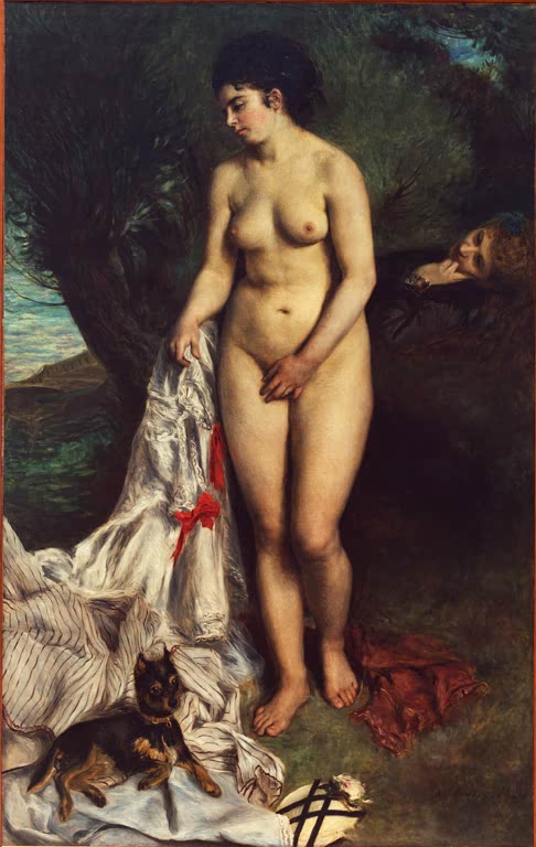 Nackte Badende mit Pinscher und weißem Tuch am Wasser – Pierre-Auguste Renoir La baigneuse au griffon Kunstkopie