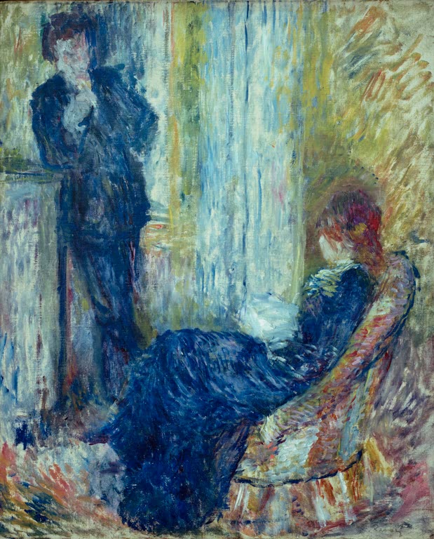Mann steht am Kamin, eine Frau sitzt im Sessel am Fenster – Pierre-Auguste Renoir La conversation Kunstkopie