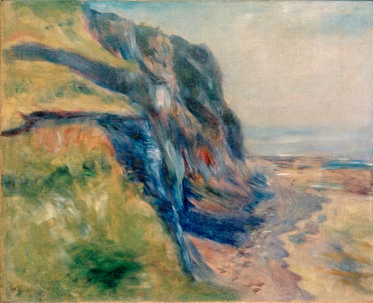 Windgebeugter Baum an der Küste mit Strand – Pierre-Auguste Renoir La côte près de Dieppe Kunstkopie