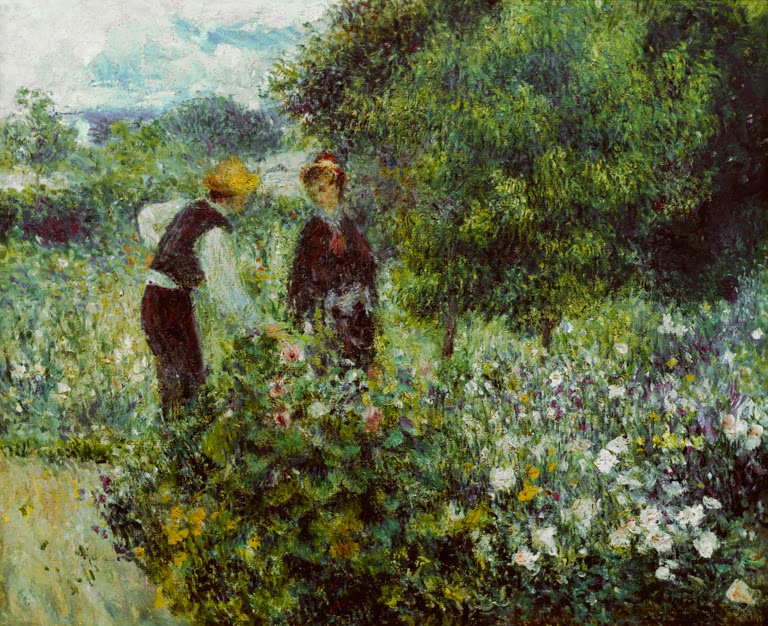 Zwei Frauen pflücken Blumen auf einer blühenden Sommerwiese – Pierre-Auguste Renoir La cueillette des fleurs Kunstkopie