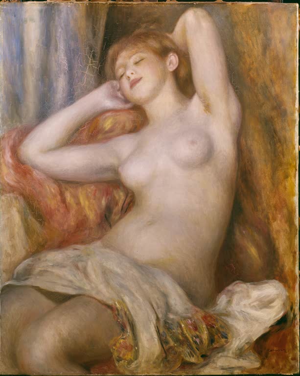 Schlafende nackte Frau mit erhobenen Armen im Sessel – Pierre-Auguste Renoir La Dormeuse Kunstkopie