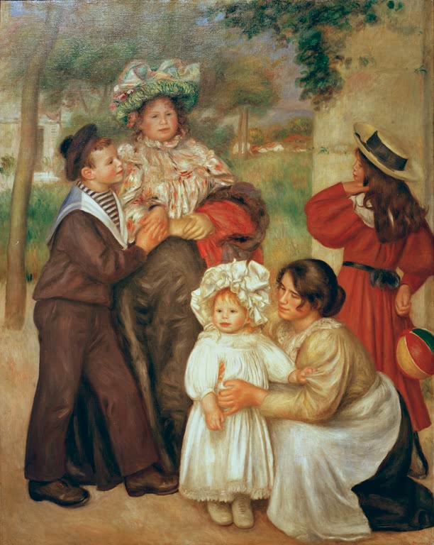 Familie im Garten: Mutter mit Kleinkind, zwei Söhne und ein Mädchen in Rot – Pierre-Auguste Renoir La famille Kunstkopie