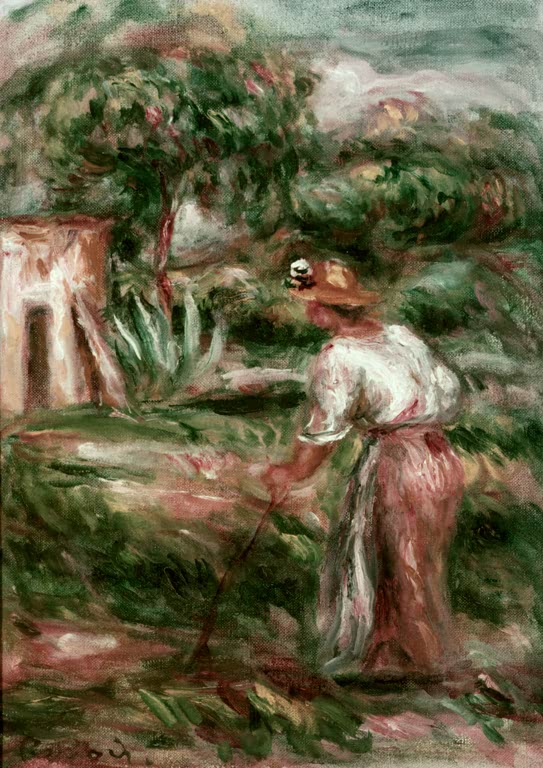 Frau mit Strohhut arbeitet in einem Garten mit weißem Häuschen – Pierre-Auguste Renoir La faneuse Kunstkopie