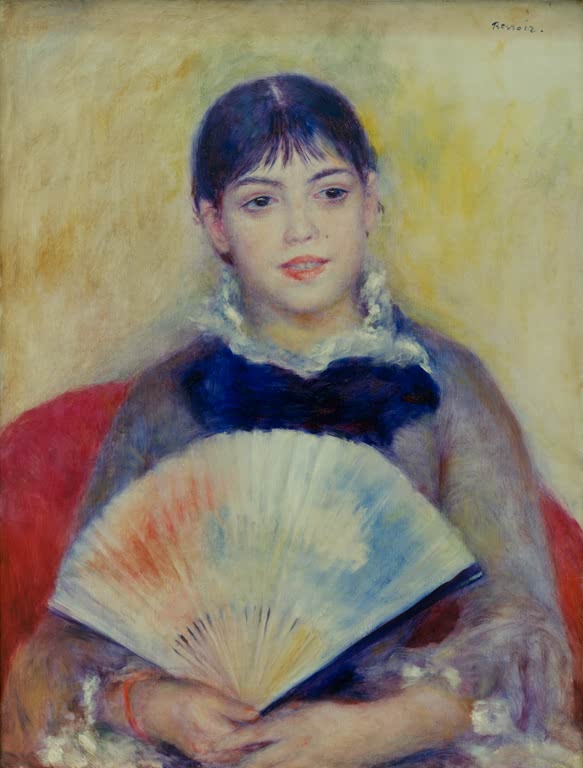 Mädchen mit buntem Fächer und blauer Schleife vor rotem Sessel – Pierre-Auguste Renoir La femme à éventail Kunstkopie