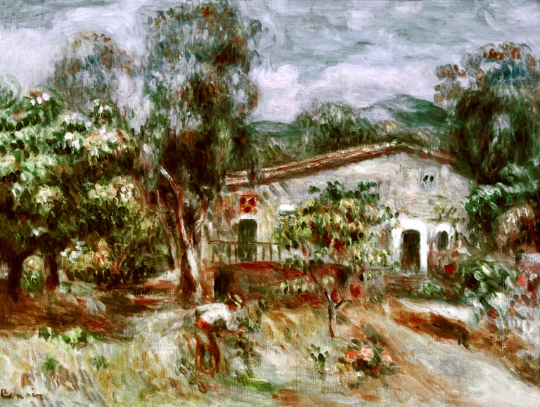 Bauernhaus zwischen Bäumen in sonniger Landschaft – Pierre-Auguste Renoir La ferme des Collettes Kunstkopie