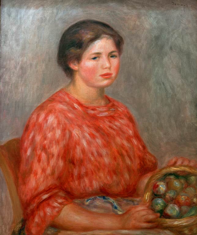 Junge Frau in rot gemustertem Kleid mit Korb voller Früchte – Pierre-Auguste Renoir La Fruitiere Kunstkopie