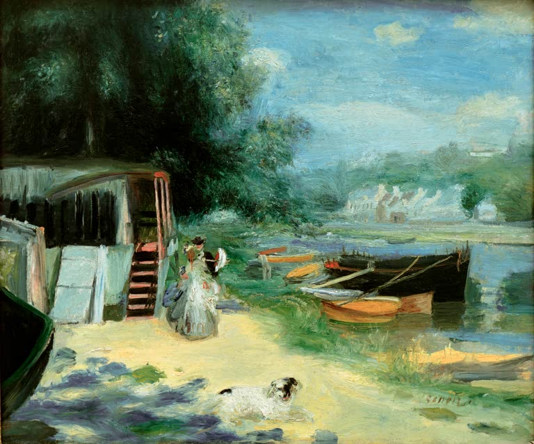Badestelle am Fluss mit Booten und Spaziergängerin im Sonnenlicht – Pierre-Auguste Renoir La Grenouillère Kunstkopie