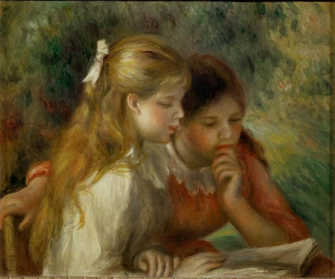 Zwei Mädchen beugen sich über ein aufgeschlagenes Buch – Pierre-Auguste Renoir La lecture Kunstkopie