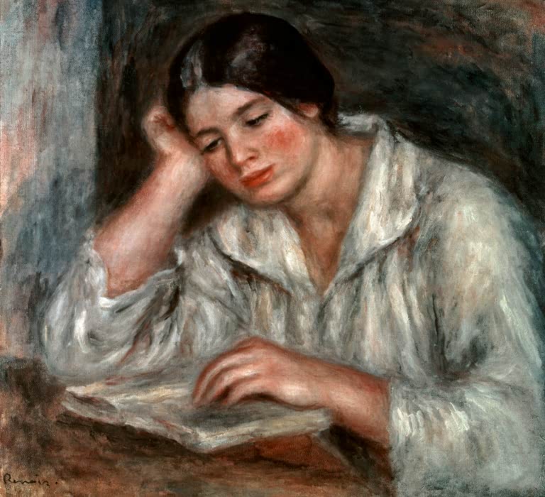 Junge Frau stützt den Kopf auf die Hand und liest in einem Buch – Pierre-Auguste Renoir La liseuse blanche Kunstkopie