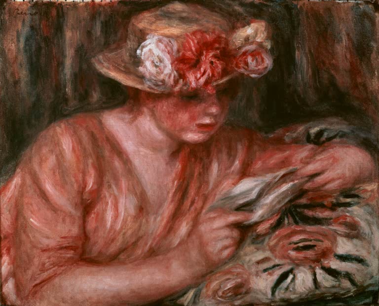 Frau mit Blumenhut in rosa Bluse liest einen Brief – Pierre-Auguste Renoir La liseuse rose Kunstkopie