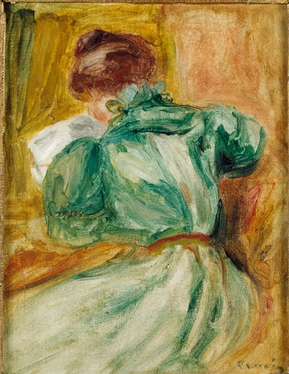Lesende Frau in grüner Bluse mit Puffärmeln, Rückenansicht – Pierre-Auguste Renoir La liseuse verte Kunstkopie
