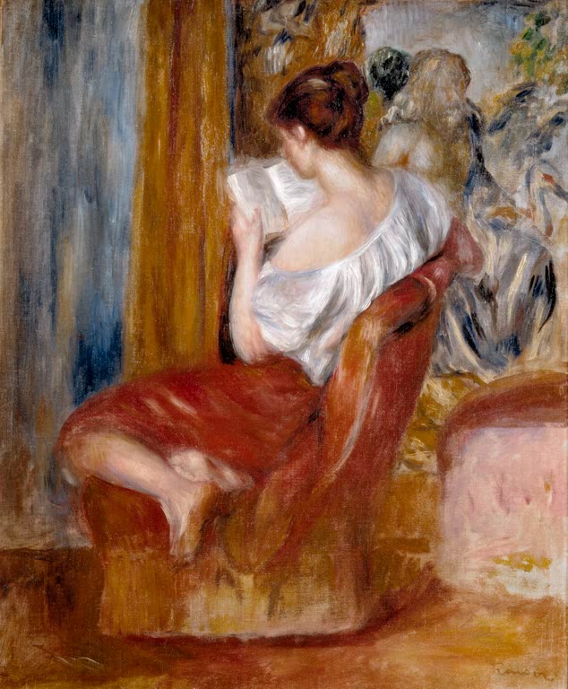 Lesende Frau im roten Rock sitzt im Sessel, Rücken zum Betrachter – Pierre-Auguste Renoir La liseuse Kunstkopie