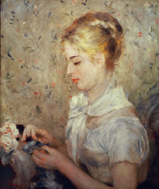 Junge Frau mit hellem Haar bindet Blumen am Tisch – Pierre-Auguste Renoir La Modiste Kunstkopie