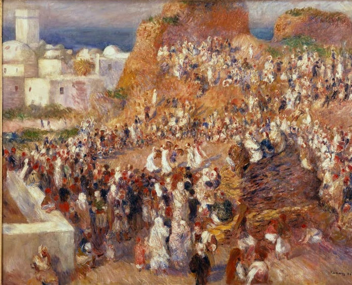 Menschenmenge bei einem Fest vor Moschee und weißen Häusern – Pierre-Auguste Renoir La Mosquée, fête arabe Kunstkopie