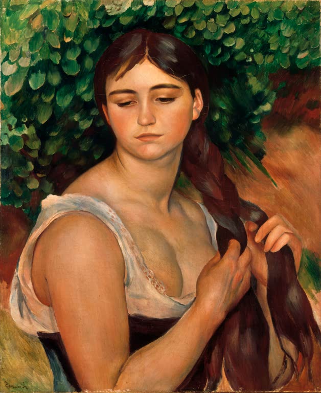 Junge Frau flicht ihr langes Haar vor grünem Laub – Pierre-Auguste Renoir La Natte Kunstkopie