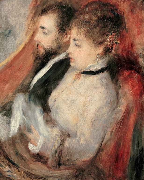 Paar im Profil in der Theaterloge, sie in hellem Kleid mit Halsband – Pierre-Auguste Renoir La petite loge Kunstkopie