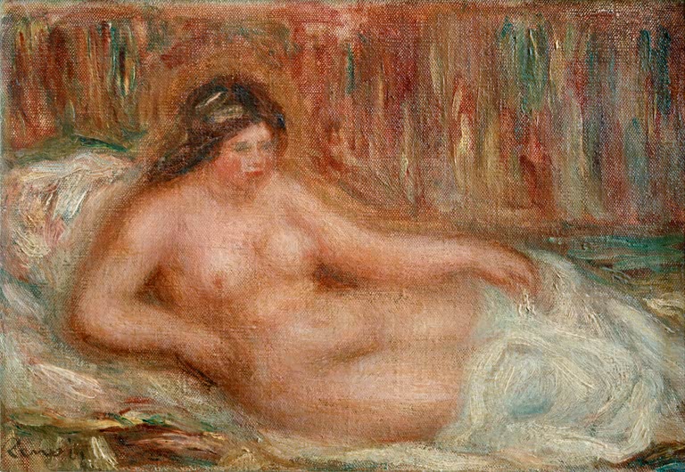 Liegender weiblicher Akt auf weißen Tüchern – Pierre-Auguste Renoir La petite nue Kunstkopie
