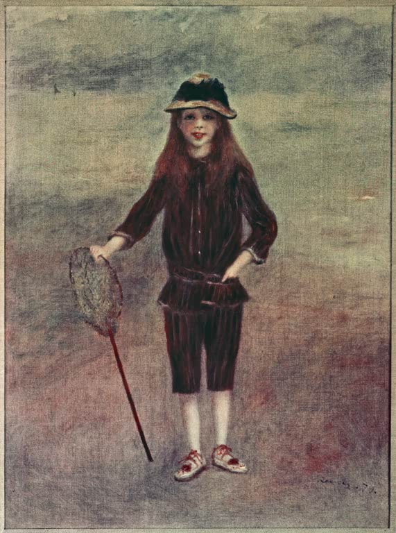 Mädchen in dunklem Anzug mit Hut hält ein Fangnetz – Pierre-Auguste Renoir La petite pêcheuse Kunstkopie