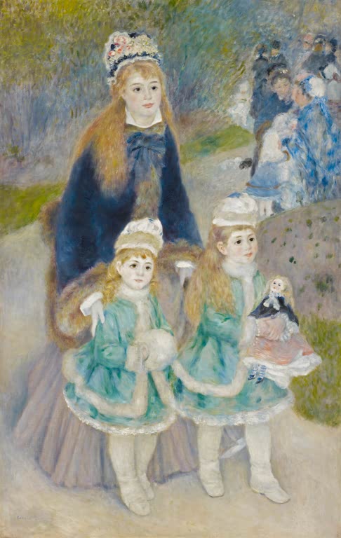 Frau mit zwei Mädchen in türkisfarbenen Mänteln auf einem Spaziergang – Pierre-Auguste Renoir La Promenade Kunstkopie
