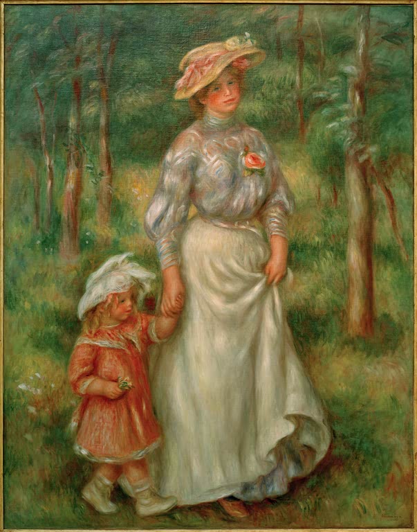 Frau mit Hut führt ein Kind im roten Kleid durch den Wald – Pierre-Auguste Renoir La promenade Kunstkopie