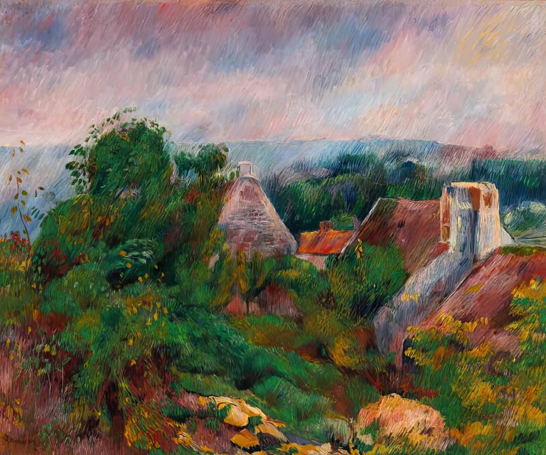 Hügelige Landschaft mit Bauernhäusern und Büschen unter rosa Himmel – Pierre-Auguste Renoir La Roche Guyon Kunstkopie