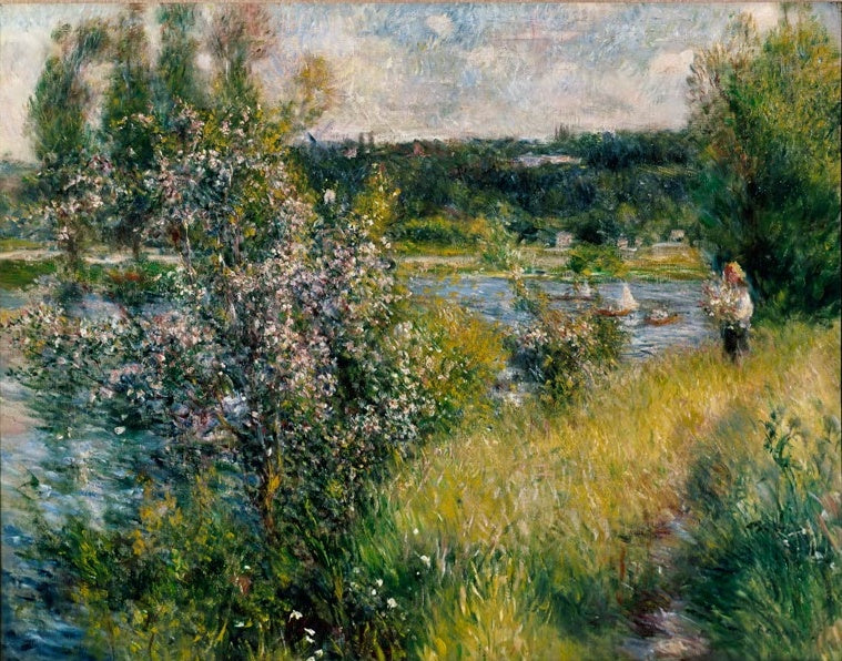 Blühender Busch und Wiese am Seineufer, ein Mensch am Wasser – Pierre-Auguste Renoir La Seine à Chatou Kunstkopie