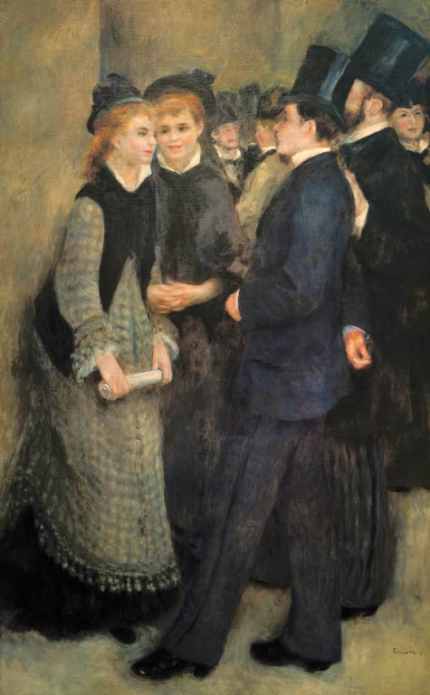 Junge Frauen und Herren mit Zylinder im Gespräch – Pierre-Auguste Renoir La sortie du Conservatoire Kunstkopie