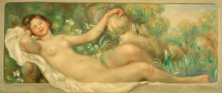 Liegende nackte Frau im Grünen, schmales Querformat – Pierre-Auguste Renoir La source Kunstkopie