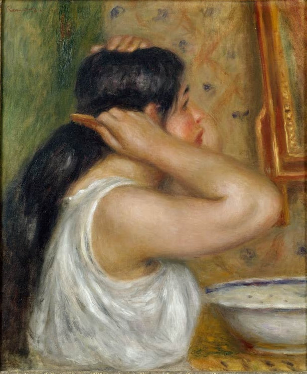 Frau kämmt sich vor dem Spiegel das lange dunkle Haar – Pierre-Auguste Renoir La toilette, femme se peignant Kunstkopie