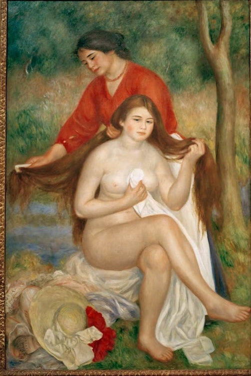 Badende mit langem Haar, eine Dienerin in Rot frisiert sie – Pierre-Auguste Renoir La toilette Kunstkopie