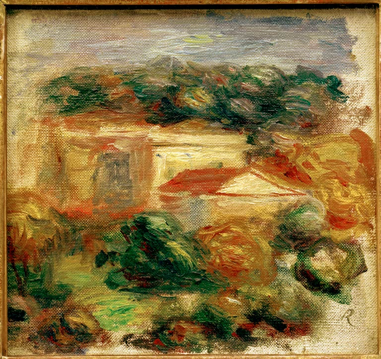 Mediterrane Landschaft mit rotem Dach und dunklen Büschen – Pierre-Auguste Renoir Landschaft am Mittelmeer, Cagnes Kunstkopie