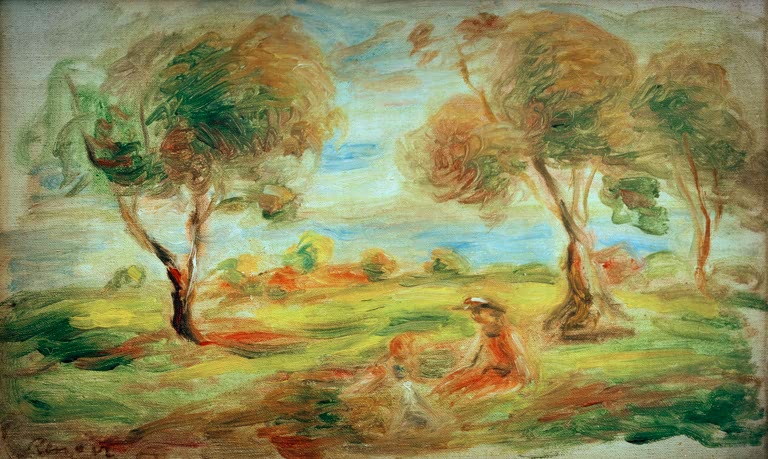 Olivenbäume über grüner Wiese mit rastenden Menschen – Pierre-Auguste Renoir Landschaft bei Cagnes-sur-Mer Kunstkopie