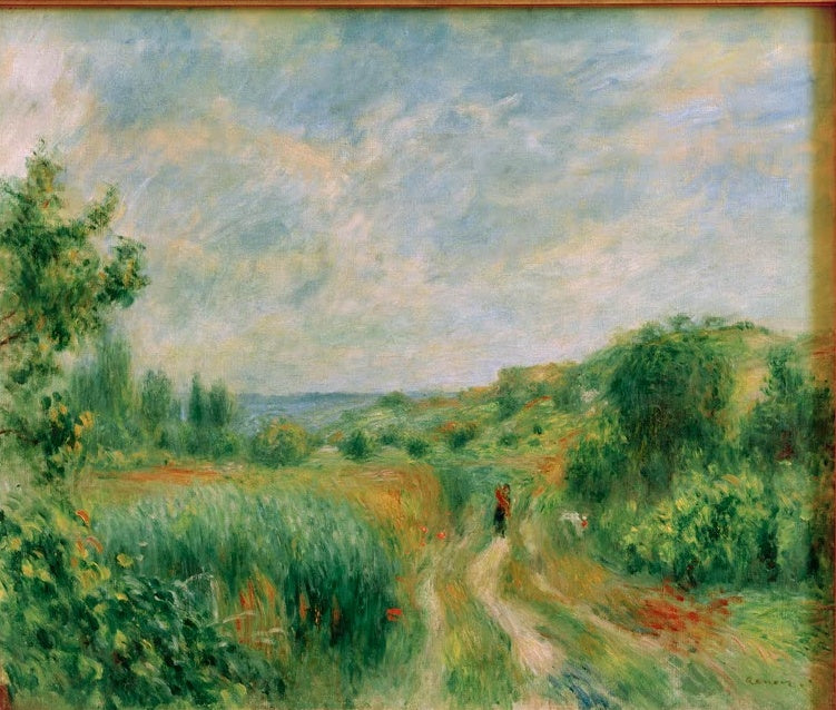 Feldweg durch grüne Wiesen unter hellem Himmel – Pierre-Auguste Renoir Landschaft bei Essoyes Kunstkopie
